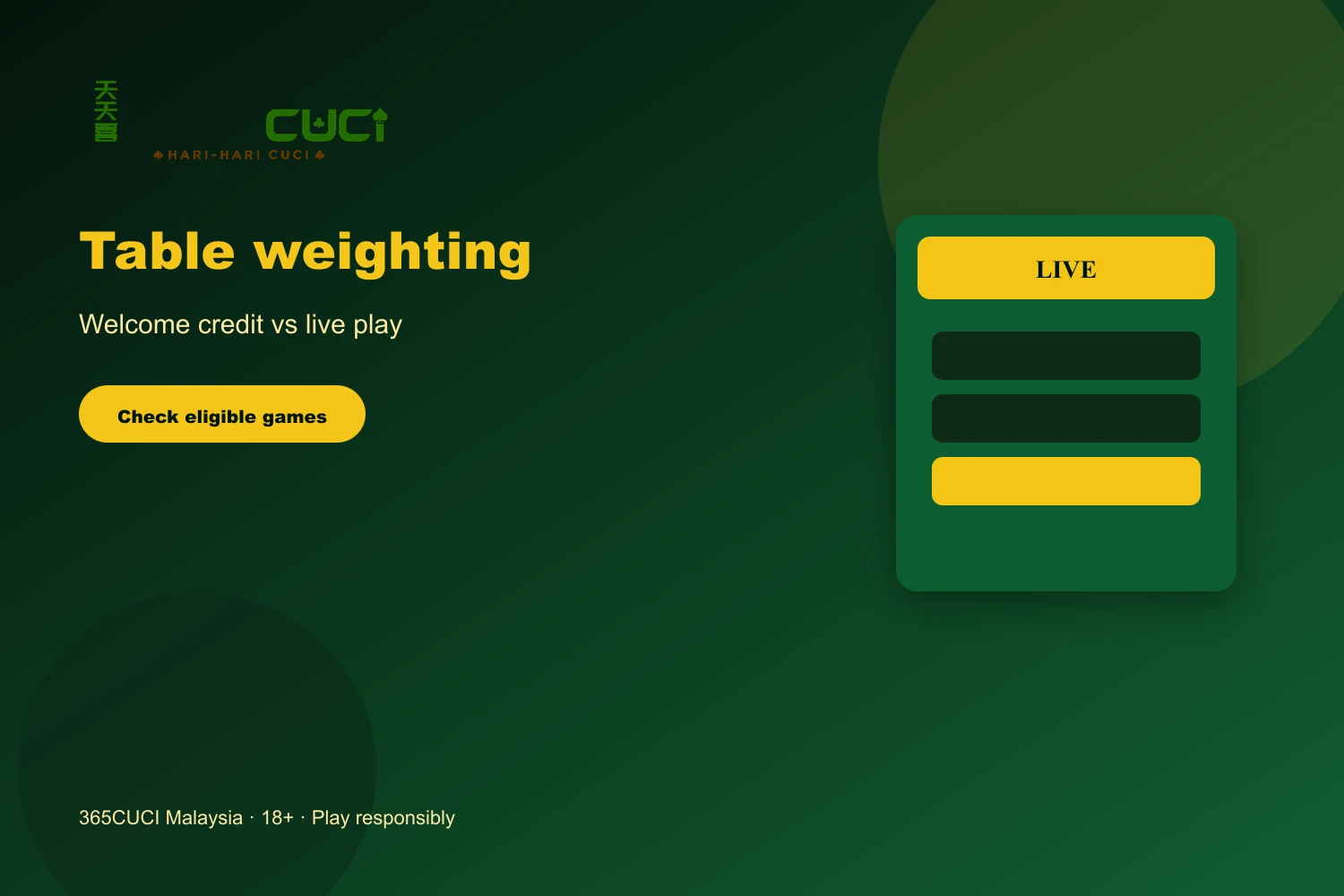 365CUCI casino Malaysia table weighting checklist with official logo